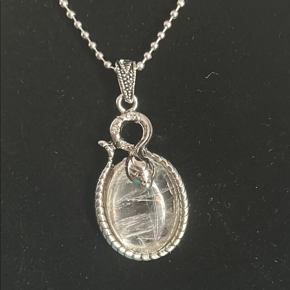 Quartz and Diamond Gemstone Silver Tone Snake Setting Pendant Necklace